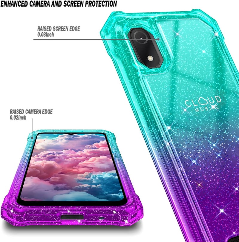 WDHD Designed for Cloud Mobile Stratus C8 Phone Case with Tempered Glass Screen Protector, Full-Body Protective Shockproof Rugged Bumper Cover for Women Girl Kids (Glitter Aqua/Purple) - Image 2